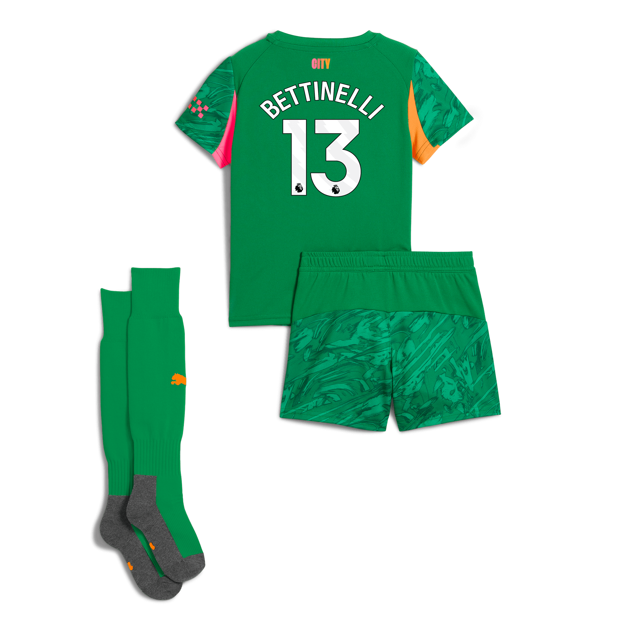 Manchester City kids manchester city goalkeeper mini kit green 202526 with bettinelli 13 printing Shirts - Official Store