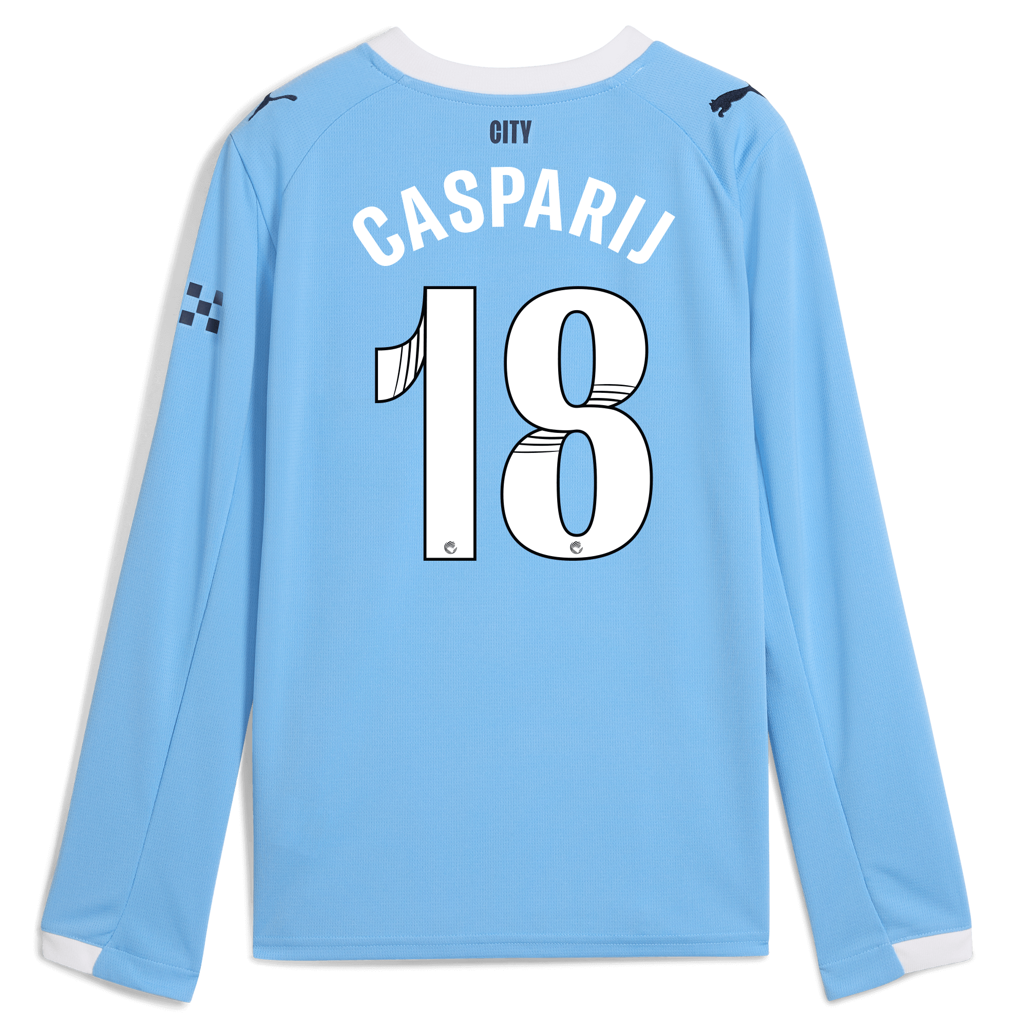 Manchester City kids manchester city home jersey 202526 long sleeve with casparij 18 printing Shirts - Official Store