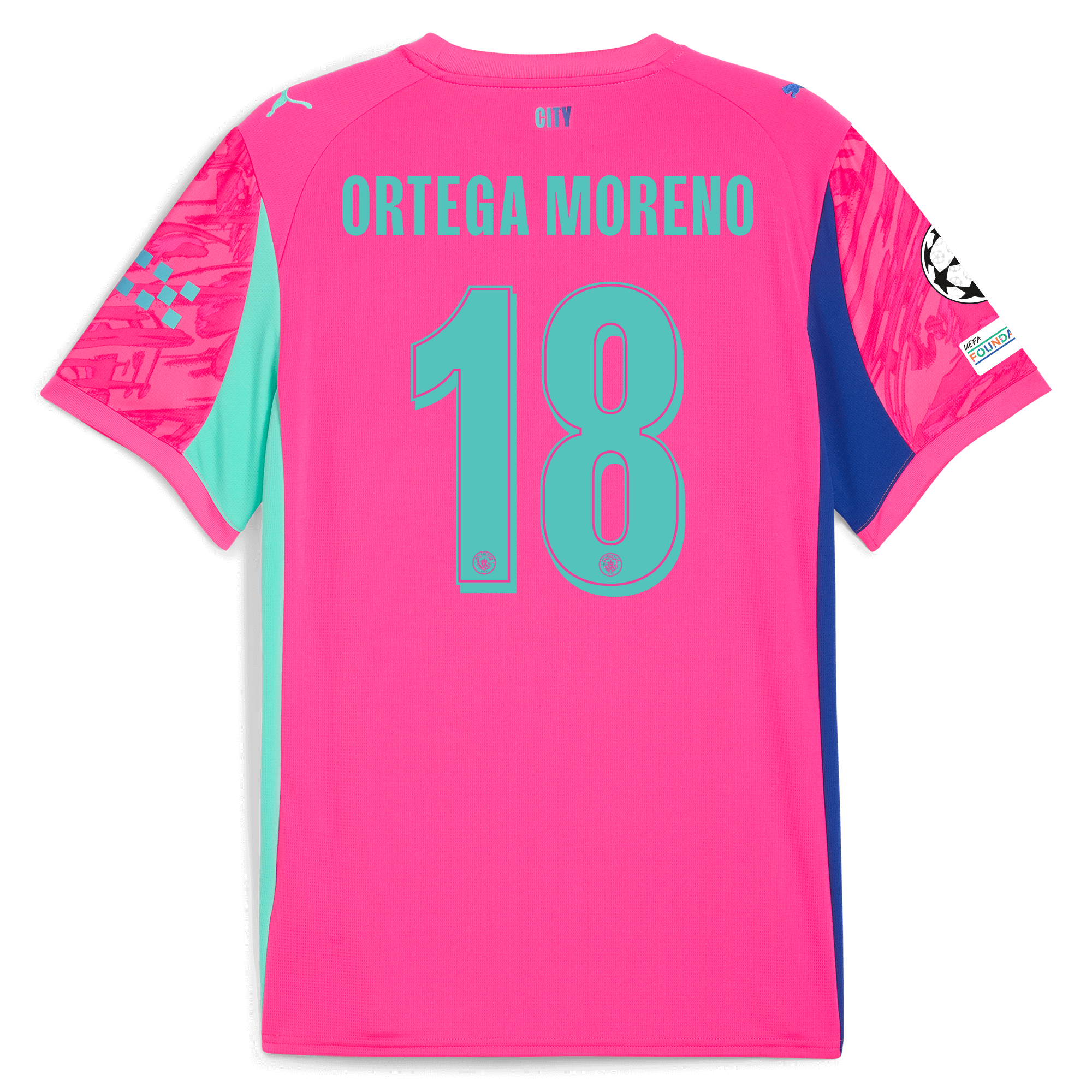 Manchester City kids manchester city man city champions league goalkeeper jersey pink 202526 with ortega moreno 18 printing Shirts - Official Store