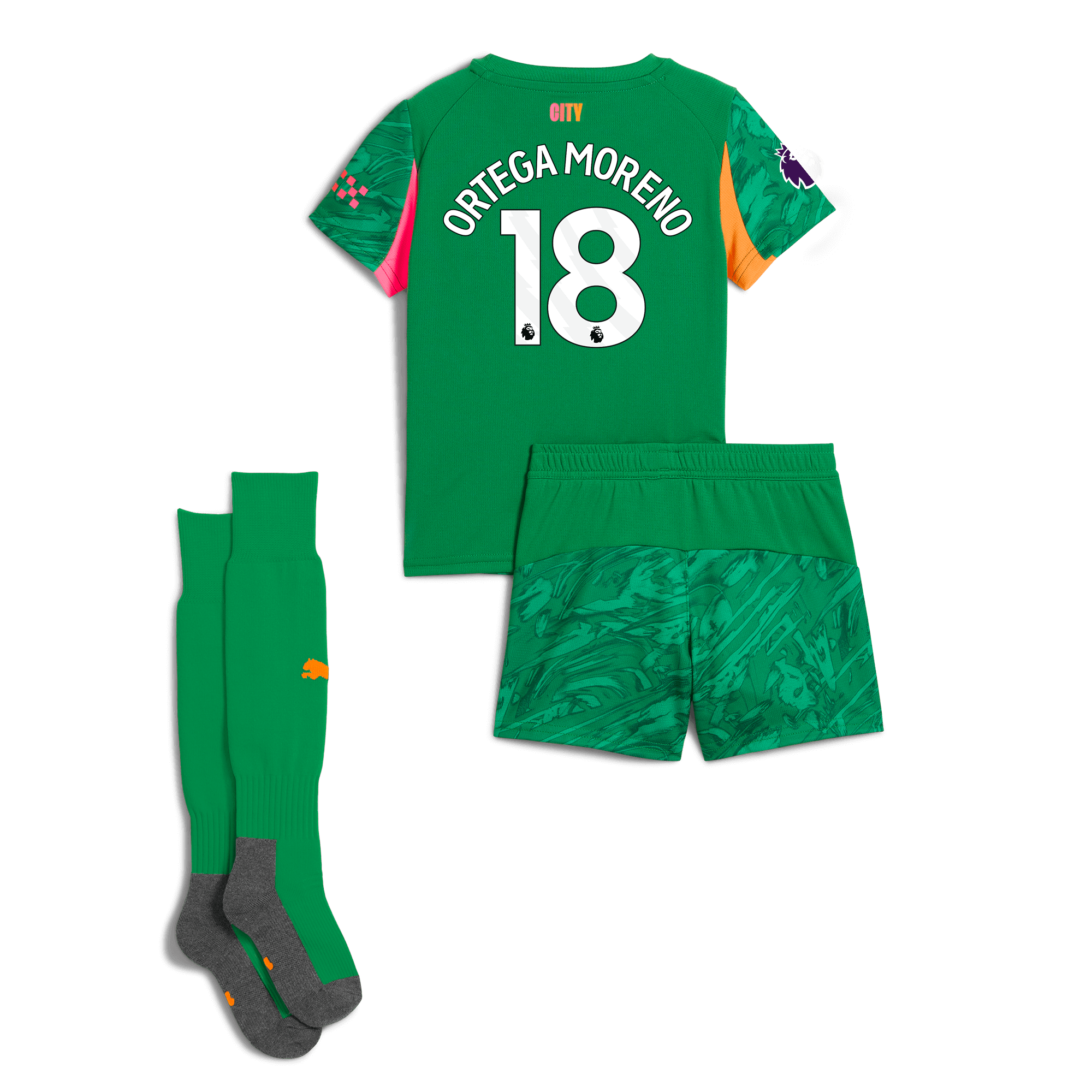 Manchester City kids manchester city premier league goalkeeper mini kit green 202526 with ortega moreno 18 printing Shirts - Official Store